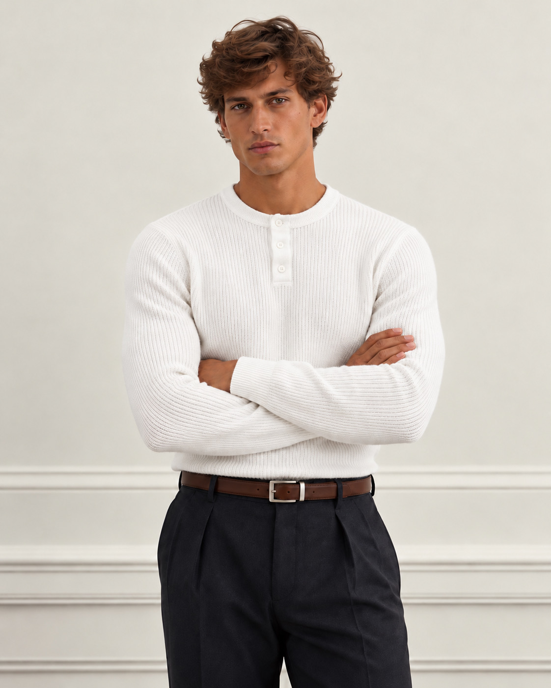 Suéter Italiano branco, vista frontal no modelo