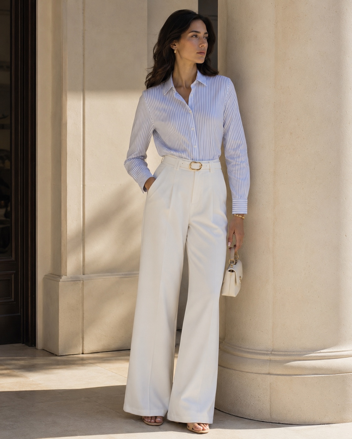 Camisa feminina listrada azul e branca em composição editorial frontal