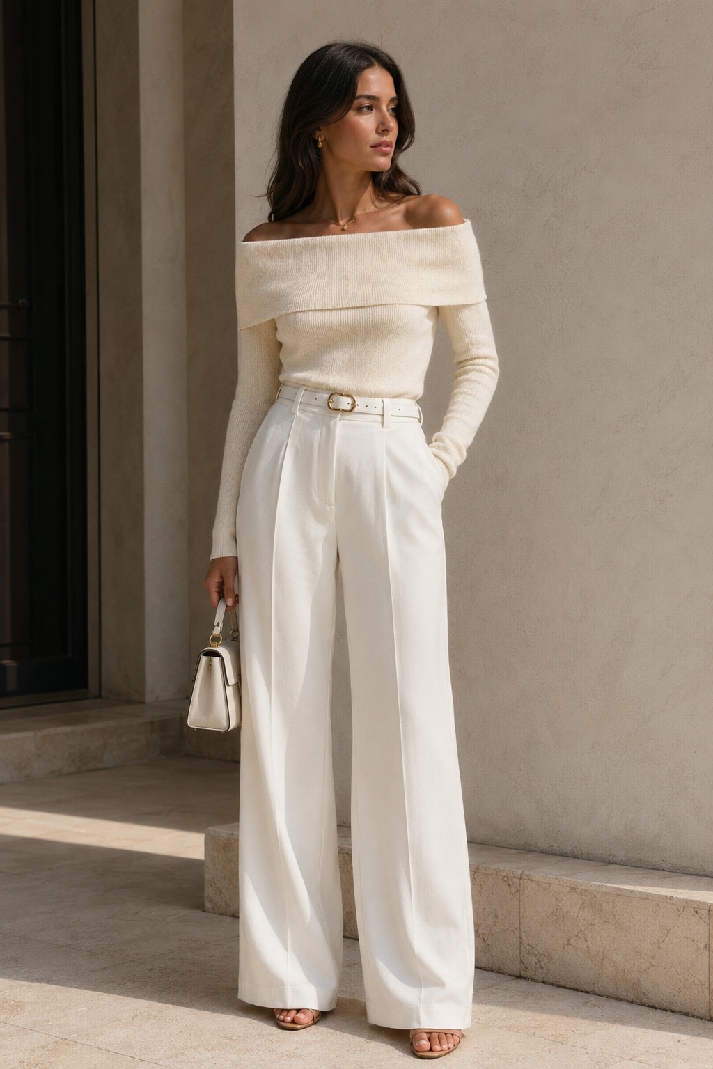 Tricô ombro a ombro off-white em composição editorial frontal
